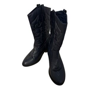 Navy Blue Western Cowboy Boots Faux Leather Pointed Toe Block Heel Mid Calf